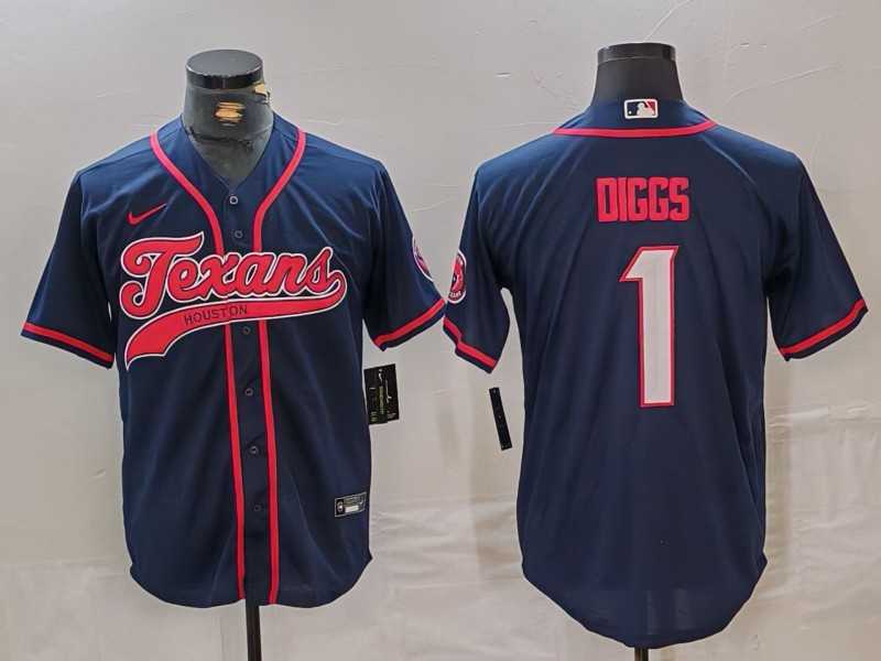 Mens Houston Texans #1 Stefon Diggs Navy With Patch Cool Base Stitched Baseball Jersey